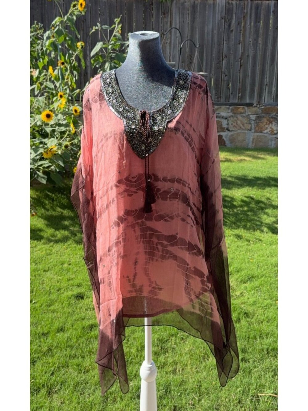 NOVICA Vijay Singh 2 Piece Beaded Sheer Kaftan Tunic Tank L NWOT Boho